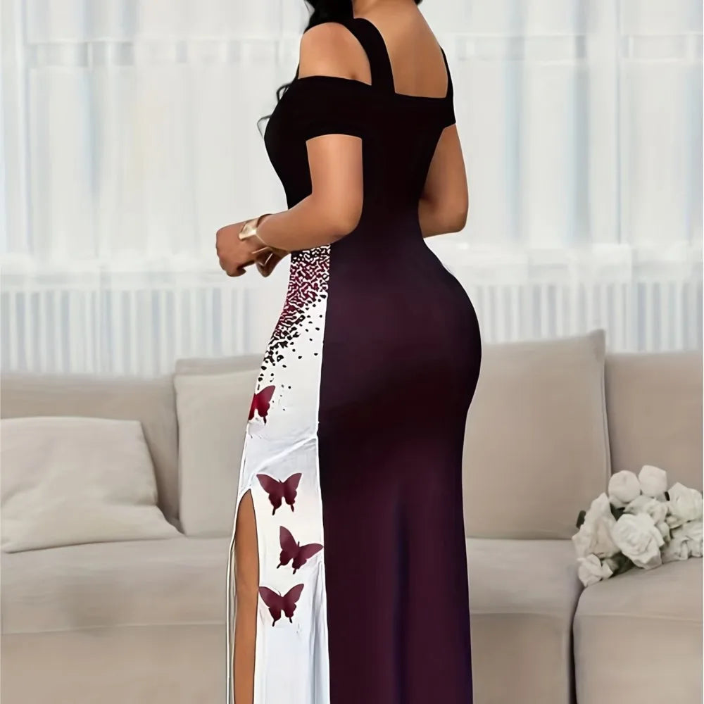 Summer Long Dress Elegant Fashionable Slim-fitting Printed Commuting Style V-neck Off-shoulder Slit Mid-waist Sleeveless Dresses