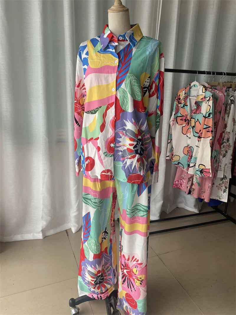 Fashion Color Print Two Piece Set Women Trendy Loose Long Sleeve Shirts Wide Legs Trousers 2 Piece Set Female Commuting Suits