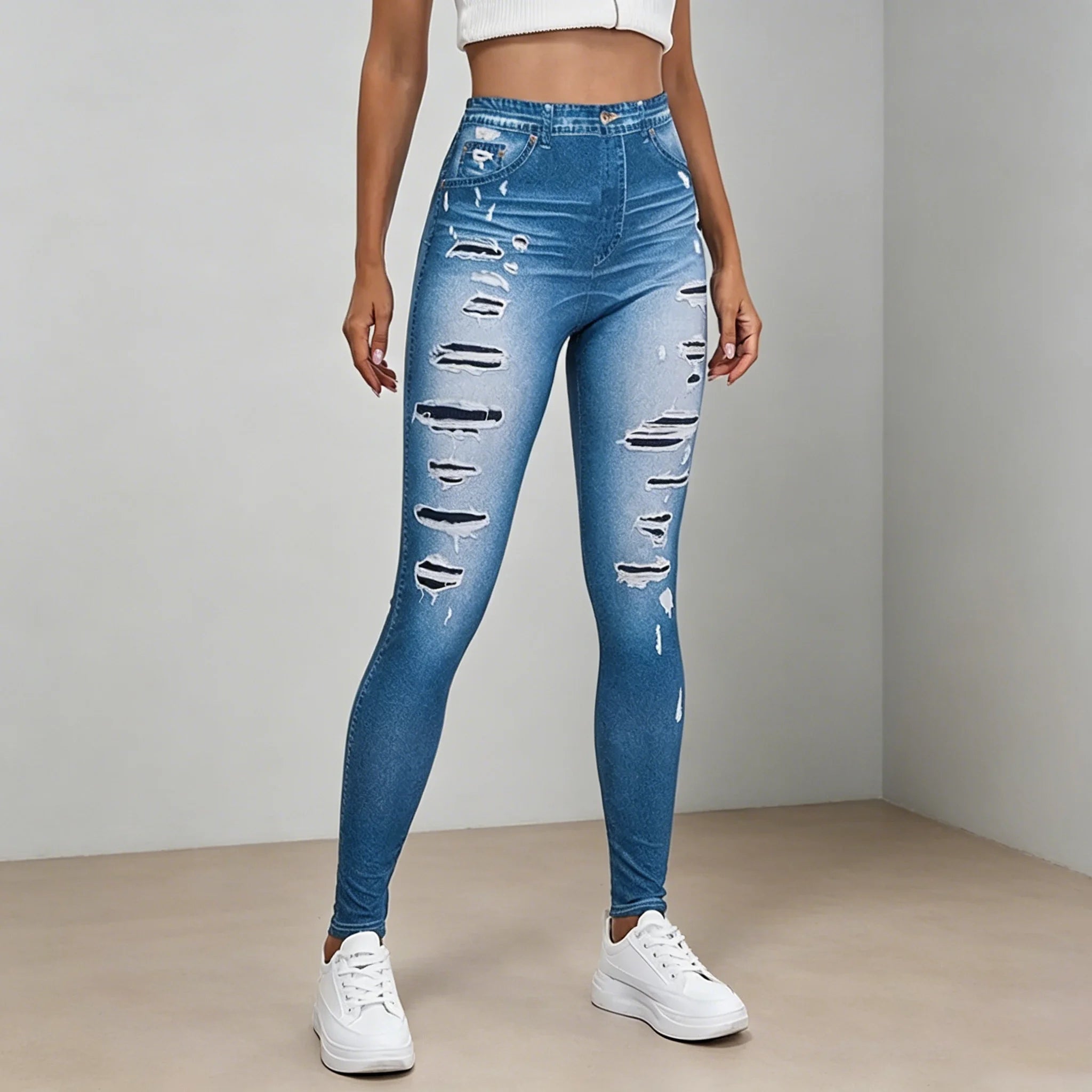 Spring Women's High Waisted Imitation Denim Printed Leggings Non-Denim Fabric Casual Skinny Pants Outdoor Sports Yoga Pants