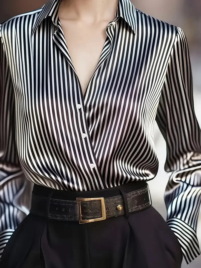 Elegant Satin Striped Long Sleeve Button Down Shirt for Women Vintage Style Office Wear Top