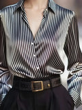 Elegant Satin Striped Long Sleeve Button Down Shirt for Women Vintage Style Office Wear Top