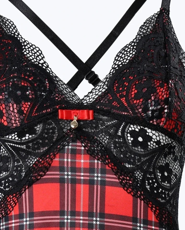 Womens Dresses 2024 Summer Plaid Print Crisscross Backless Sleep Dress Contrast Lace Plunge Sleeveless Nightgown Sleepwear